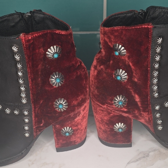 Double D Ranch Black and Wine Velvet Studded Heeled Boots - Picture 4 of 14